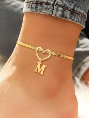 Heart Initial Anklet for Women, Fashionable Stainless Steel Herringbone Chain Anklet for Women & Girls, Trendy All-match & Ex...