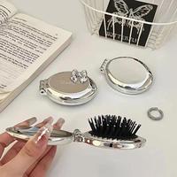 Portable Mini Pocket Mirror, Folding Comb, Girl Women Portable Round Small Travel Massage Hair Brush with Mirror, Makeup Mirr...