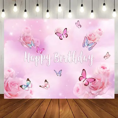 Aperturee Purple Pink Butterfly Floral Birthday Backdrop