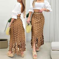 CHICME Women's Hollow-out Boho Tassel Slim Fit Bodycon Long Skirt