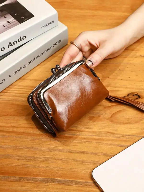 Women's Solid Color Zipper Coin Purse, Fashionable Small Wallet for Daily Use, Retro Oil Wax Leather Small Bag for Women & Gi...