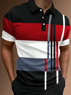 Men's Regular Fit Patchwork Half Button Polo Shirt, Casual Short Sleeve Top for Summer, Menswear for Daily Wear