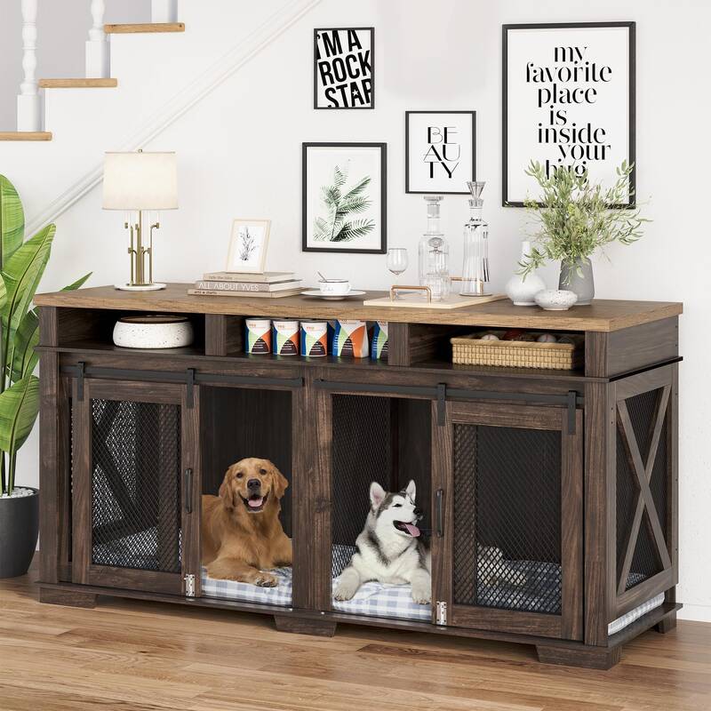 Garvee Dog Crate Furniture, 71 Heavy Duty Dog Kennel Furniture with 3 Storages and Removable Divider, Furniture Style Doubl...