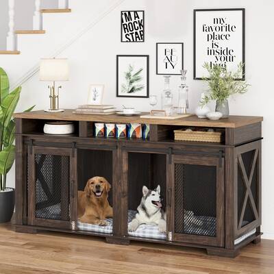 Garvee Dog Crate Furniture, 71 Heavy Duty Dog Kennel Furniture with 3 Storages and Removable Divider, Furniture Style Double...