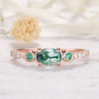 Moss Agate Rose Gold Diamond Women Wedding Ring Emerald Engagement Ring