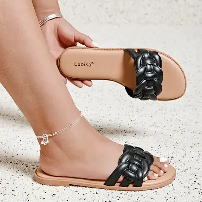 Women's Wide Width Flat Slides Sandals, Casual Comfortable Summer Beach Shoes Slip on Slide Sandal for Women. Rubber Footwear