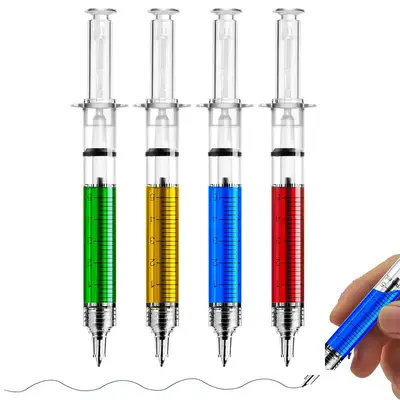 Syringe Design Pen (4 Counts/set), Retractable Fun Multi Color Novelty Pen, Writing Pen for Nurses, Nursing Student School Su...