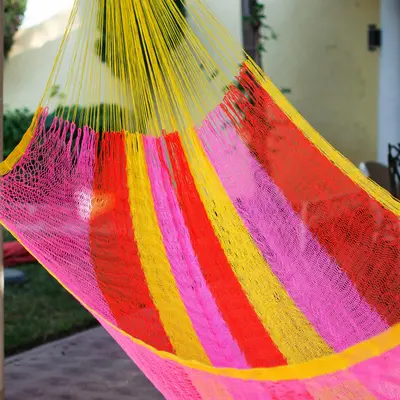 NOVICA Candy Delight Hand Woven Nylon Pink Yellow Hammock (Single) from Mexico