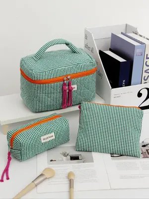 Striped Plaid Quilted Makeup Bag Set, Casual Style Women's Daily & Travel Essentials, Portable Toiletry Organizer