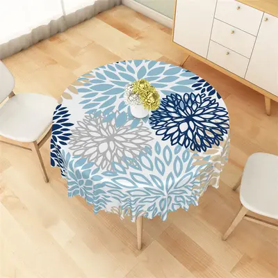 Blue Grey Golden Abstract Floral Round Tablecloth - Aperturee