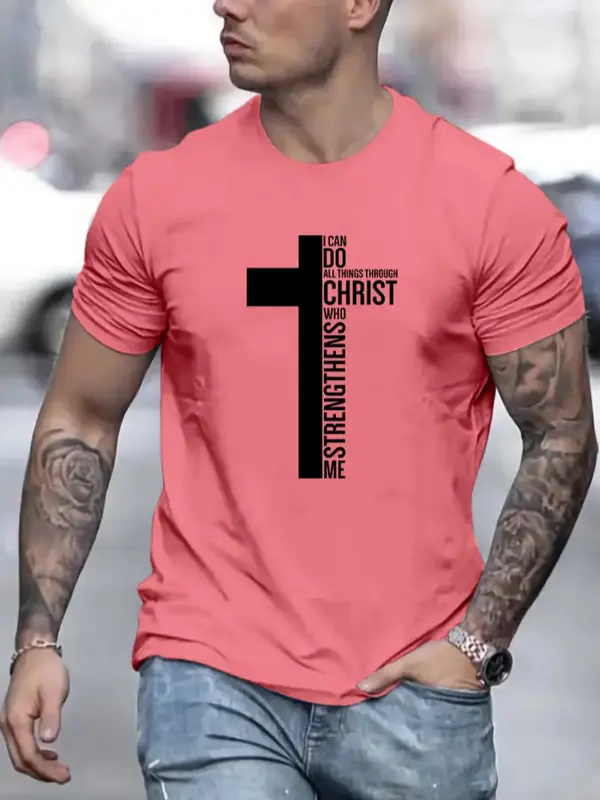LGBTQ+ Men's Cross & Slogan Round Neck Graphic Tees, Casual Crew Neck Short Sleeve T-Shirt, Men's T Shirts, Streetwear, Grap...