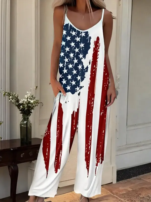 Women's 4th Of July Flag Print Sleeveless Cami Jumpsuit, Lady Casual Comfy Adjustable Spaghetti Strap Pocket Overalls,...