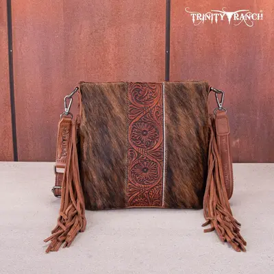 Trinity Ranch Hair-On Cowhide Tooled Floral Fringe Concealed Carry Crossbody Bag with Detachable Strap & Secure Storage Pocke...