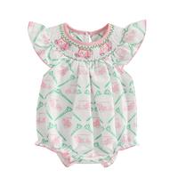 Summer Baby Girl Clothes Infant Smocked Bubble Rompers Golf Cart Outfit Newborn Embroidery Round Neck Fly Sleeve Onesie Infan...