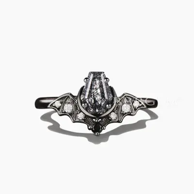 Retro Coffin Cut Natural Black Rutilated Quartz Gothic Bat Wedding Ring