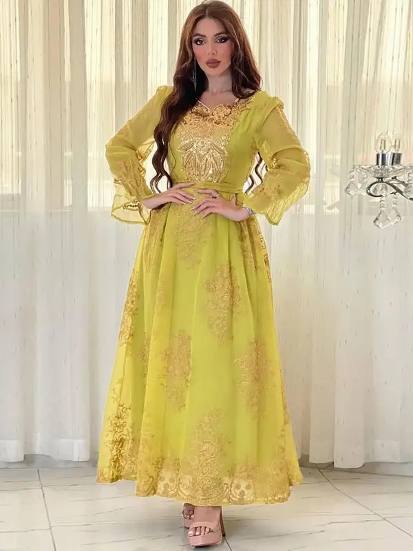 Arabic Clothing-Contrast Mesh Embroidery Belted Dress, Elegant Contrast Sequin Long Sleeve A Line Dress for Women, Ladies Spr...