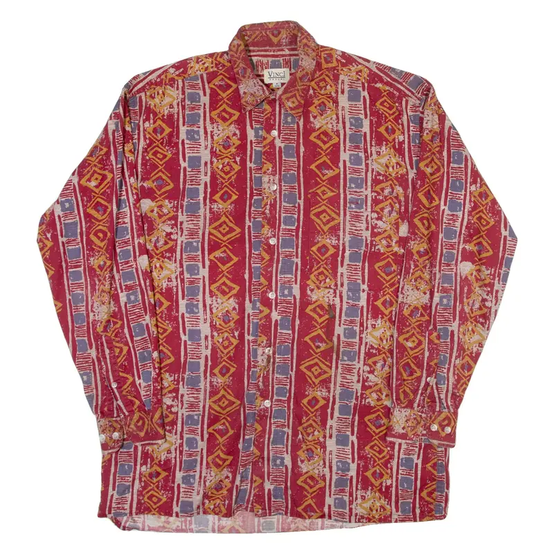VINCI CASUAL Mens Shirt Red 90s Geometric Long Sleeve M
