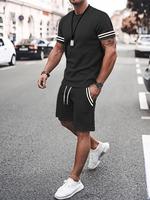 Men's Striped Print Shortsleeve Tee & Drawstring Waist Shorts Loungewear Two-piece Set, Regular Fit Casual Comfort Round Neck...