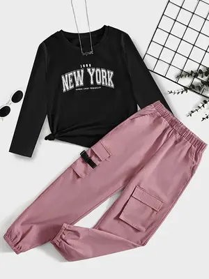 Girl's Letter Print Tee & Pants Two-piece Set, Casual Round Neck Long Sleeve Top & Jogger Pants for Spring & Fall, Kids Cloth...