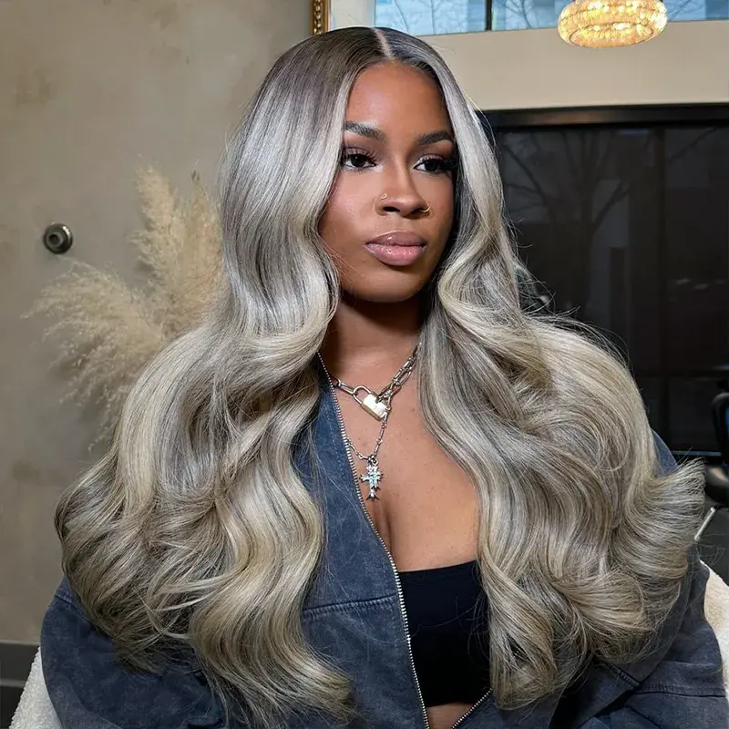 Grey and Blonde Balayage Glueless Pull Go Cap Beginner Friendly Bouncy Body Wave Lace Front Wig for Black Women