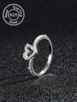 S925 Sterling Silver Summer Heart Shaped Elegant Everyday Ring for Women, Heart Design Rhinestone Decorated Jewelry Ring for ...
