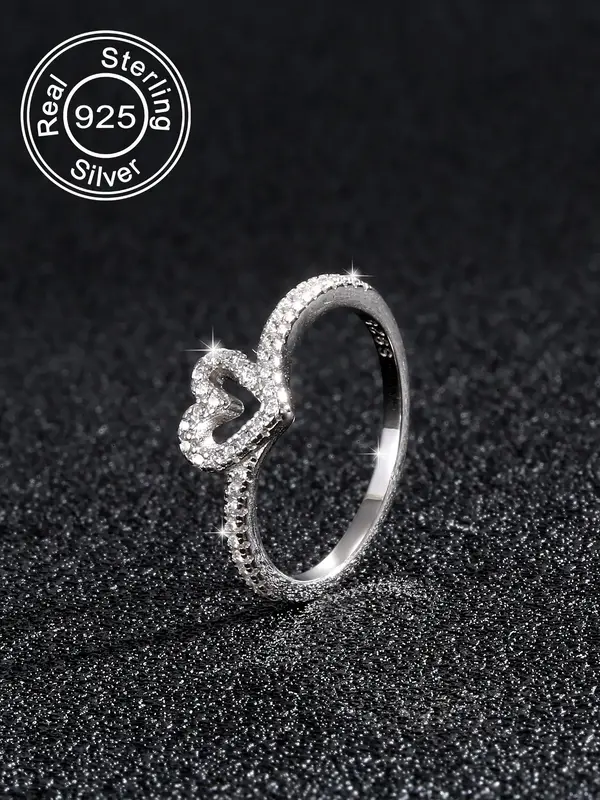 S925 Sterling Silver Summer Heart Shaped Elegant Everyday Ring for Women, Heart Design Rhinestone Decorated Jewelry Ring for ...