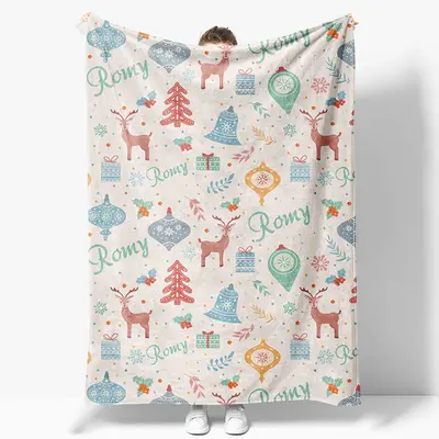 Aperturee Christmas Cartoon Pattern Customized Name Blanket - Aperturee