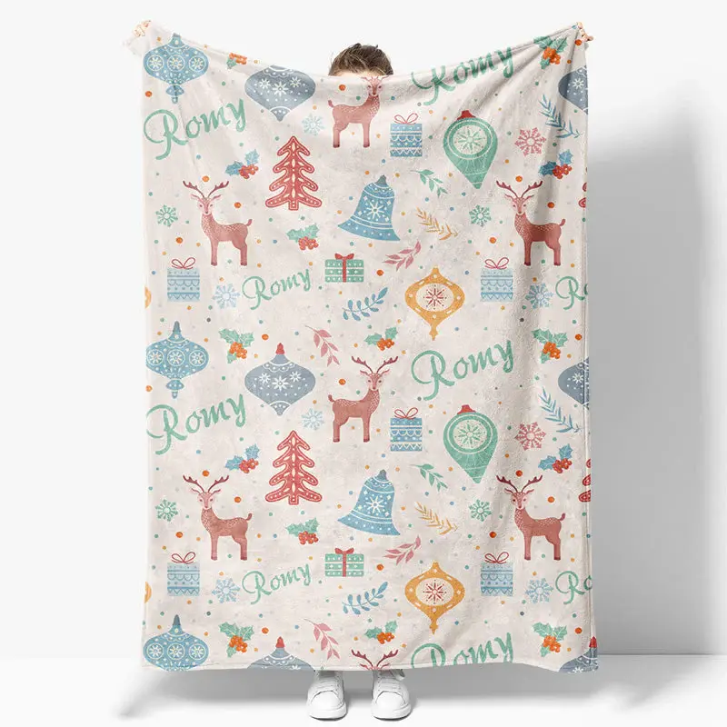 Aperturee Christmas Cartoon Pattern Customized Name Blanket - Aperturee