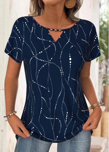 Modlily Navy Geometric Print Short Sleeve Round Neck T Shirt - XL