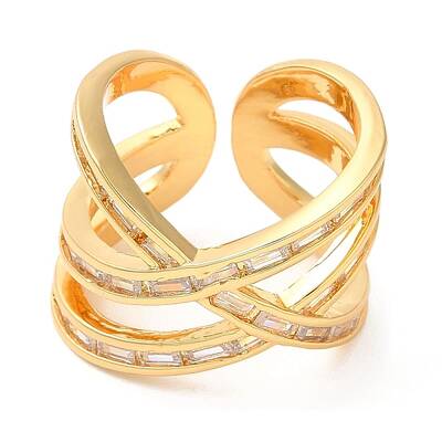 Rack Plating Bras Criss Cross Open Cuff Ring with Cubic Zirconia