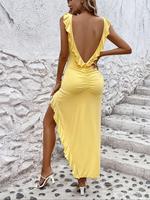 Women's Plain Ruched Ruffle Trim Split Thigh Bodycon Dress, Chic Backless Sleeveless Long Dress for Party Club Dating Wear, L...