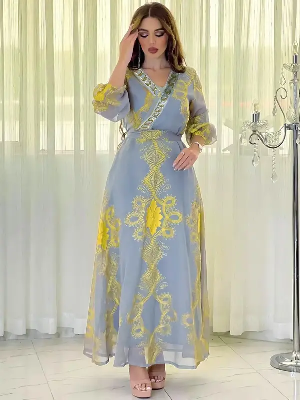 Arabic Clothing-Scroll Embroidery Beaded Bishop Sleeve V Neck Belted A Line Dress, Elegant Fashion Long Sleeve Arabian Dress,...