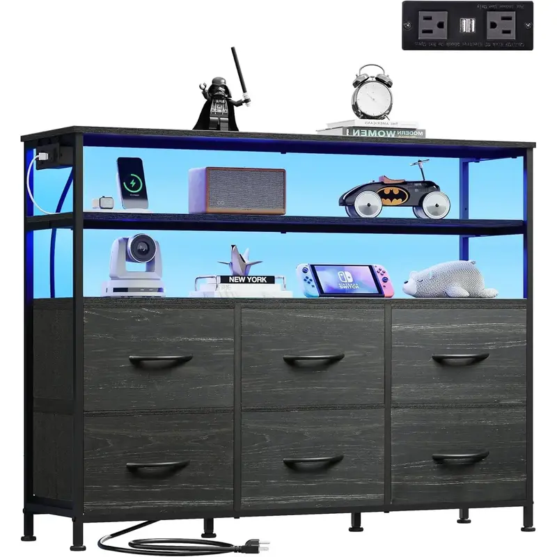 WLIVE Dresser for Bedroom, 6 Drawer Dressers with LED Lights and Charging Station, Fabric Chest of Drawers with Open Shelves,...