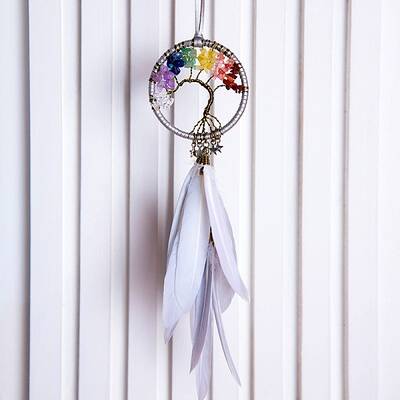 Tree of Life Wrapped Natural Gemstone Chips Woven Web/Net with Feather Decorations