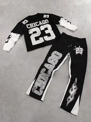 Men's Colorblock Figure Print Tee & Star Graphic Flare Leg Pants Set, Regular Fit Casual Long Sleeve Round Neck T-shirt & Dr...