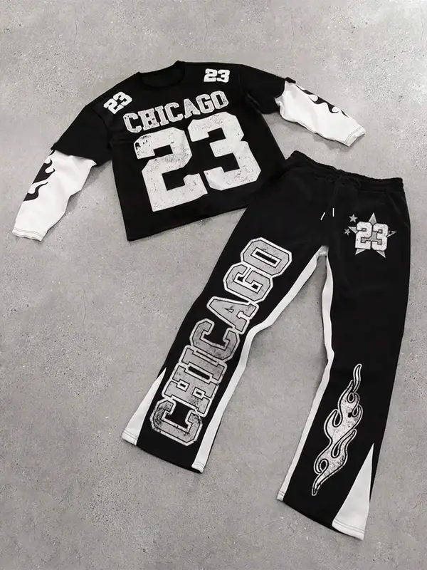 Men's Colorblock Figure Print Tee & Star Graphic Flare Leg Pants Set, Regular Fit Casual Long Sleeve Round Neck T-shirt & Dr...