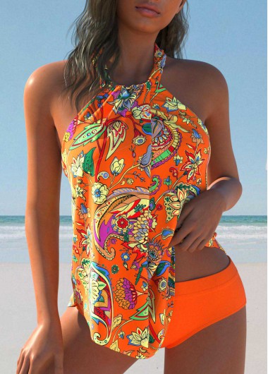 Modlily Twist Floral Print Orange Tankini Set - L