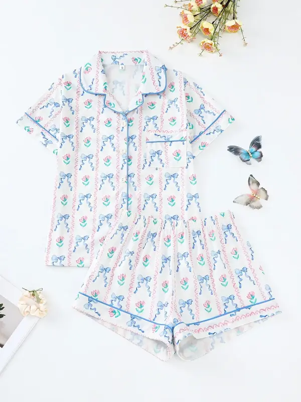 Two-Piece Set Women's Top & Shorts Pyjama, Casual Comfy Short Sleeve Top & Shorts PJ Set, Ladies Sleepwear for All Seasons