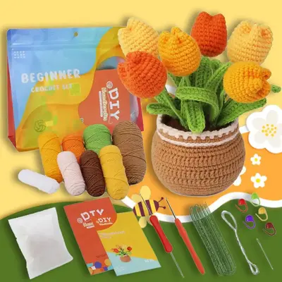 Crochet Kit for Beginners, Yellow Tulip Sunflower Bouquet Potted Plant Crochet Set Beginner Crochet Starter Set for Beginner ...