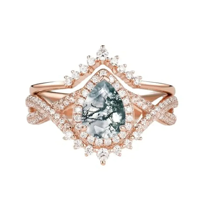 14K Rose Gold 1.5 to 5 CT Pear Cut Cut Moss Agate Custom Engraving Engagement Band