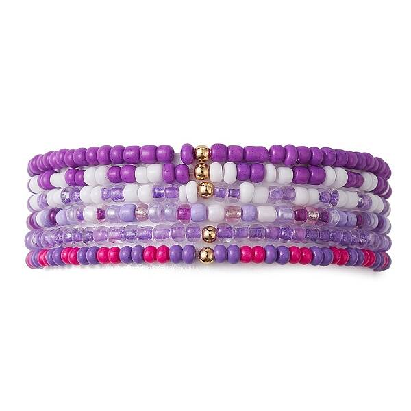 6Pcs Glass Seed & Brass Beaded Stretch Bracelets Set