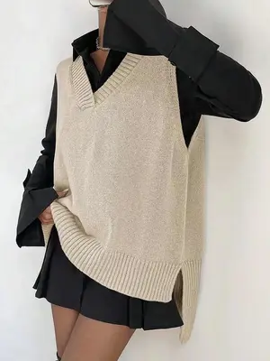 Women's Split V Neck Sweater Vest Without Shirt, Casual Solid Asymmetrical Hem Knit Top For Spring & Fall, Women's Clothing F...