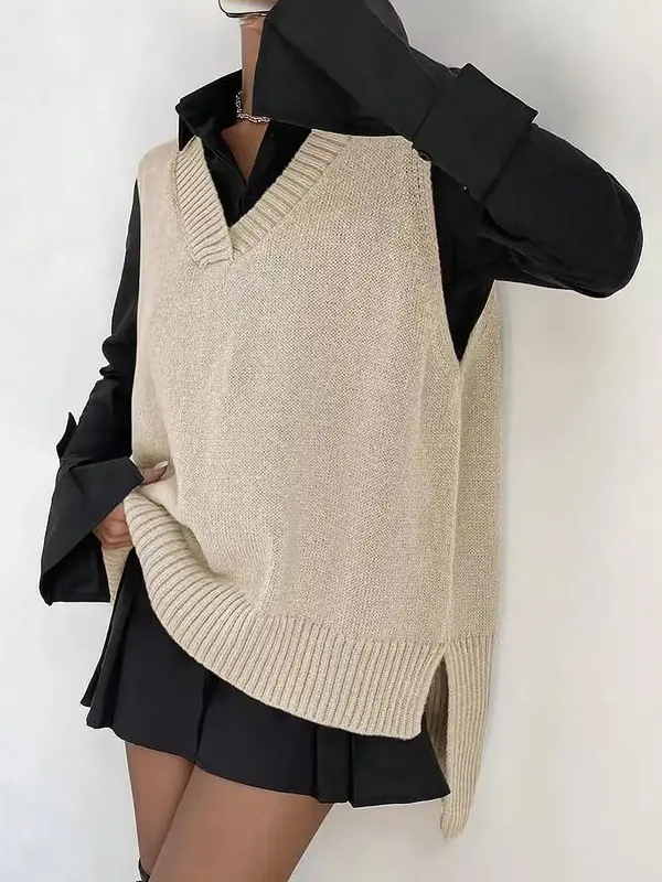 Women's Split V Neck Sweater Vest Without Shirt, Casual Solid Asymmetrical Hem Knit Top For Spring & Fall, Women's Clothing F...