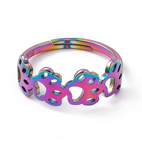 Ion Plating(IP) 201 Stainless Steel Hollow Out Dog Paw Prints Adjustable Ring for Women