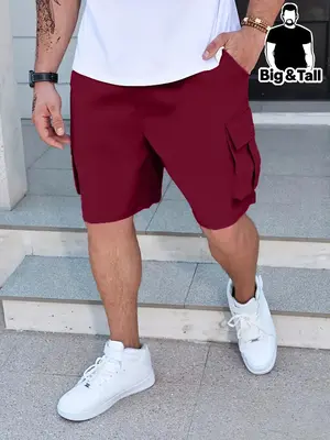 Men's Plus Size Patched Drawstring Cargo Shorts, Casual Regular Fit Pocket Elastic Waist Shorts for Summer, Men's Plus Size�...