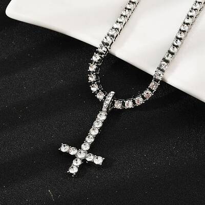 Alloy Full Crystal Rhinestone Inverted Cross Pendant Necklaces