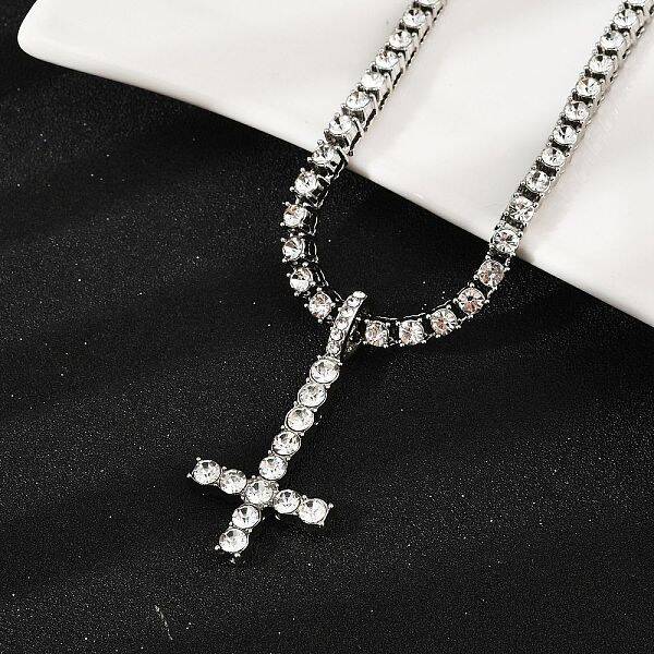 Alloy Full Crystal Rhinestone Inverted Cross Pendant Necklaces