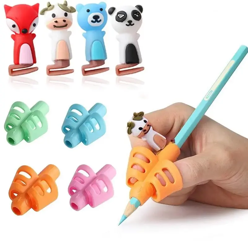 Pencil Grip & Clip Set, Including 4 Counts Pencil Grip & 4 Counts Animal Design Clip, Handwriting Correction Tool, Summer Ess...