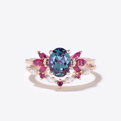 1.5CT Oval Cut Alexandrite Engagement Ring 7 stone Ruby Wedding Set