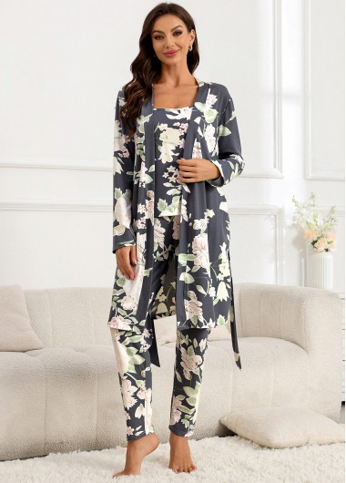 Modlily Dark Grey Floral Print Lounge Top and Pants - M